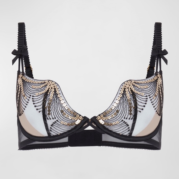 Agent Provocateur | NWT | Quinny Sequin Embroidered Sheer Bra Black/Gold | 36B - Picture 1 of 11